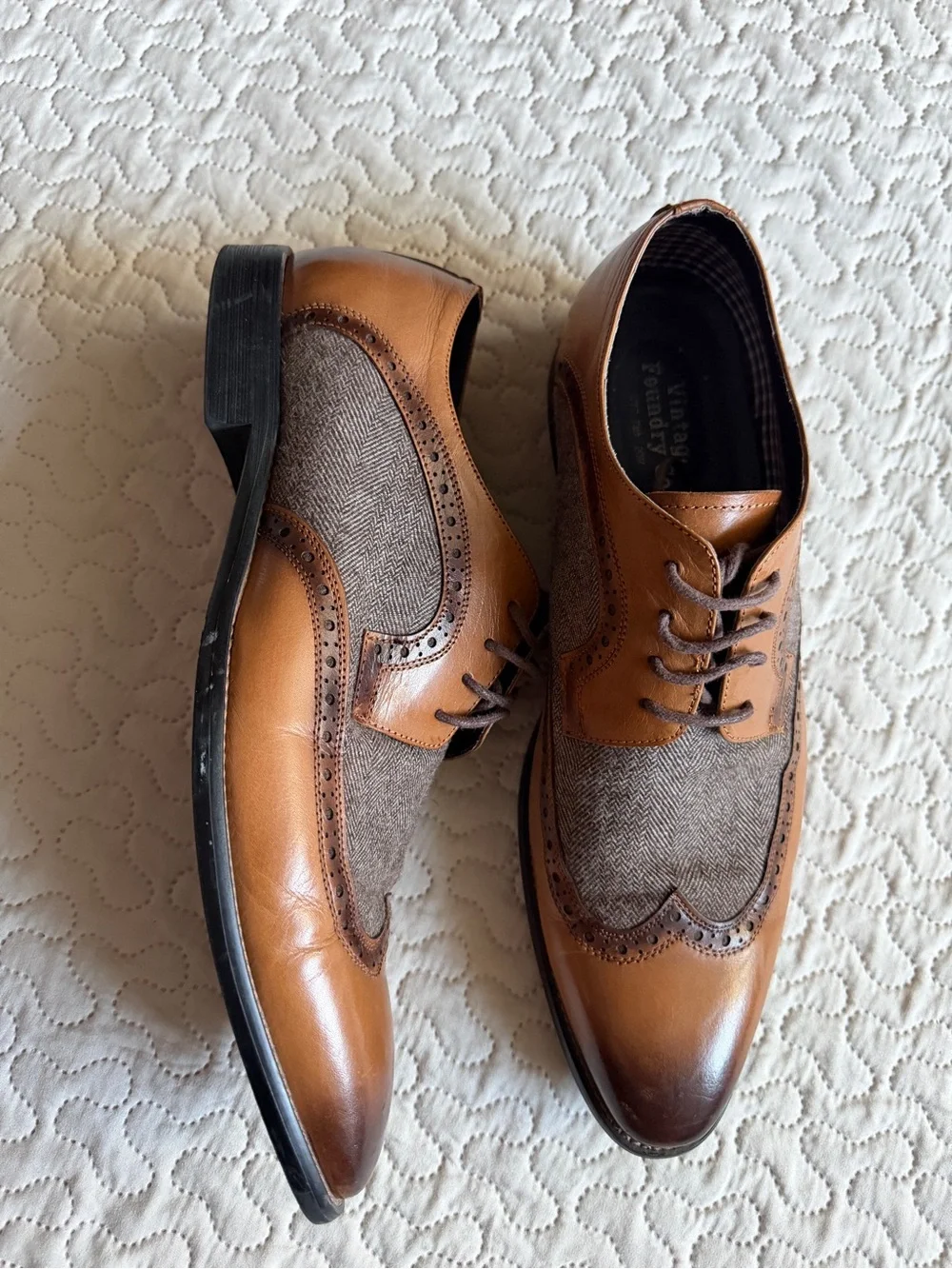 Vintage Foundry Co Brown Leather & Herringbone Fabric Wingtip Oxford Size 10.5
